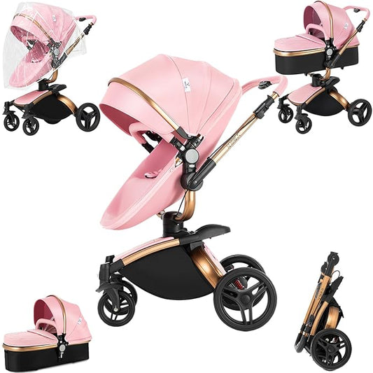 PU Leather 2 in 1 Baby Stroller with 360° Rotatable Seat, Convertible Pram, Reversible Standard Stroller, Portable Infant Carriage, Foldable High Landscape Pushchair Toddler Newborn (HR005-Pink)