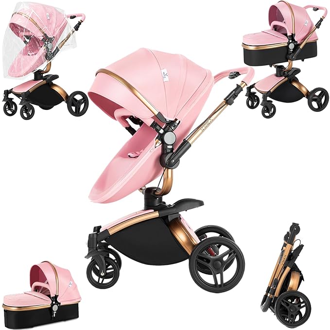 PU Leather 2 in 1 Baby Stroller with 360° Rotatable Seat, Convertible Reversible Standard Baby Pram Portable Pushchair Infant Carriage Foldable High Landscape Pram for Toddler Newborn (HR005-Pink)