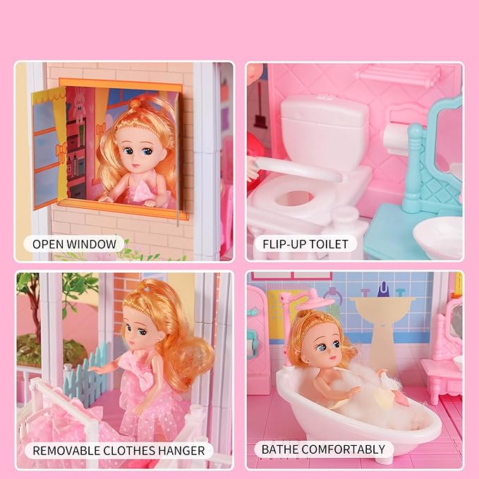 Girl House Toys for Girls 4-8, 2 Storey 4 Rooms Indoor Playset with Doll, Furniture and Accessories, Pretend Toddler Toy, Birthday Gifts for Girl Age 3-5 4-6 6-12