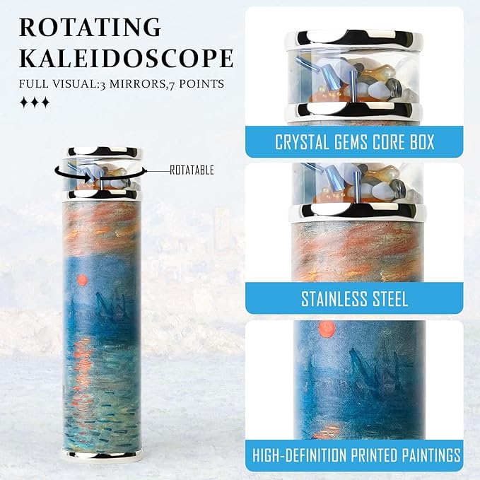Impression Sunrise Handmade Rotatable Kaleidoscope,5.5" Full Visual Kaleidoscope Adult,Natural Crystal and Stone Gems Oil-Filled Core Box,Vintage Gift Box,Wedding Anniversary Birthday Gift
