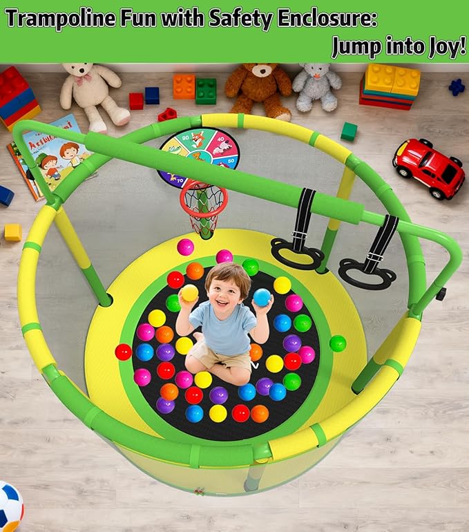 60" Trampoline for Kids, 5ft Toddler Mini 6-in-1 Trampoline Indoor Outdoor with Swing, Basketball Hoop, Dart Board, Rings, Christmas Toys Birthday Gifts for Girls Boys
