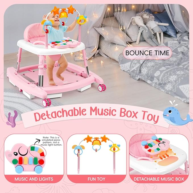 5-in-1 Music and Lights Baby Walker Foldable with 5 Adjustable Heights, Baby Walker with Wheels and Bouncer Combo Portable, Infant Toddler Walker for Baby Boy Girls 6-18 Months