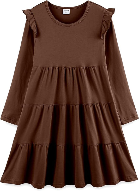 Bumeex Girl's Dresses Cotton Ruffle Sleeve Tiered Swing A-Line Cute Midi Casual Sundress