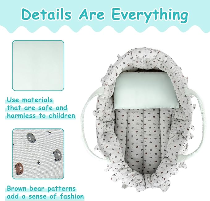 Doll Carry Cot Set, Sweet Dreams Soft Bassinet Doll Carrier Includes 1 Cot and 1 Pillow, Grayish Green Bear Doll Bassinet, Fits for 18 Inch American Girl Dolls