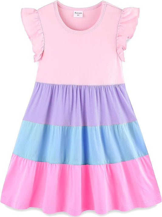 Bumeex Girl's Dresses Cotton Ruffle Sleeve Tiered Swing A-Line Cute Midi Casual Sundress