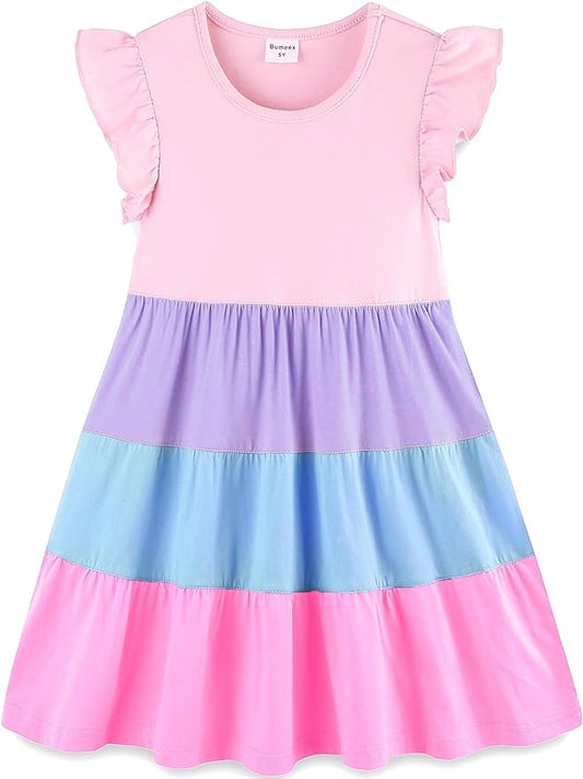 Bumeex Girl's Dresses Cotton Ruffle Sleeve Tiered Swing A-Line Cute Midi Casual Sundress