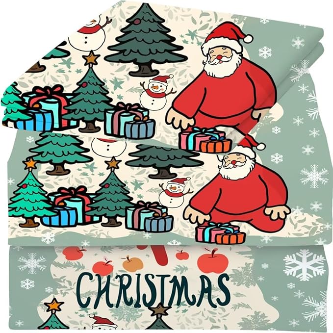 Green Christmas Fitted Sheet Set King Soft Bed Sheets Cartoon Christmas Pattern for Girls Kids Christmas Decoration Soft Christmas Bedding Set with 1 Flat Sheet +1 Fitted Sheet + 2 Pillowcases