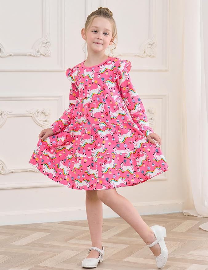 Bumeex Girl's Dresses Cotton Ruffle Sleeve Tiered Swing A-Line Cute Midi Casual Sundress