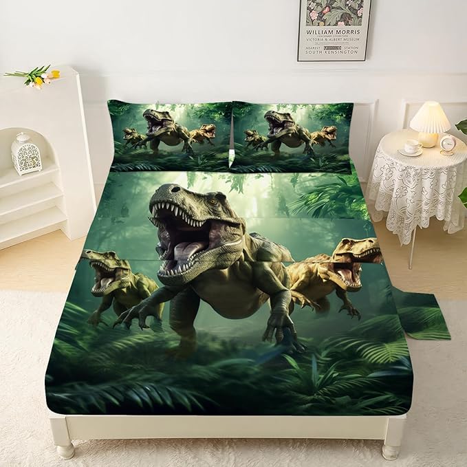 Dinosaurs Bed Sheets Full for Boys Kids 3D Realistic Dinosaur Green Fitted Sheets Set Breathable Dinosaur Bed Sheet Kids Soft Microfiber Bedding Sheets Set