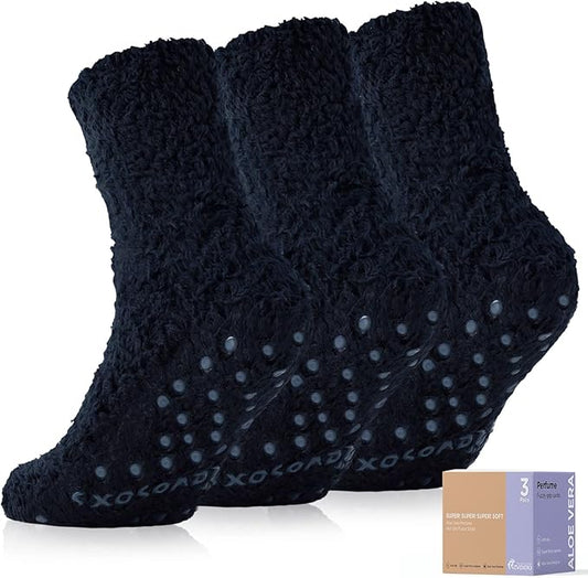 Fuzzy Socks with Grips for Men Women,Non Slip Fluffy Hospital Crew Cozy Warm Socks with Aloe Vera Moisturize