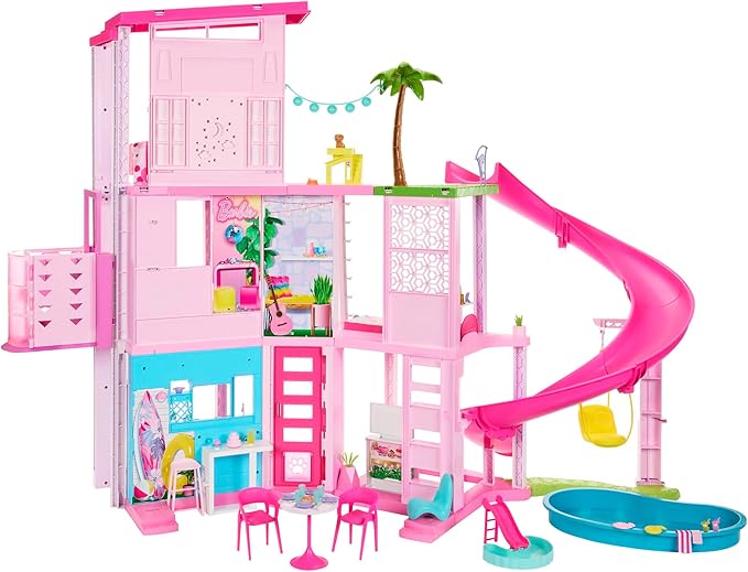 Barbie Dreamhouse, Pool Party Doll House with 75+ Pieces and 3-Story Slide, House Playset, Pet Elevator and Puppy Play Areas