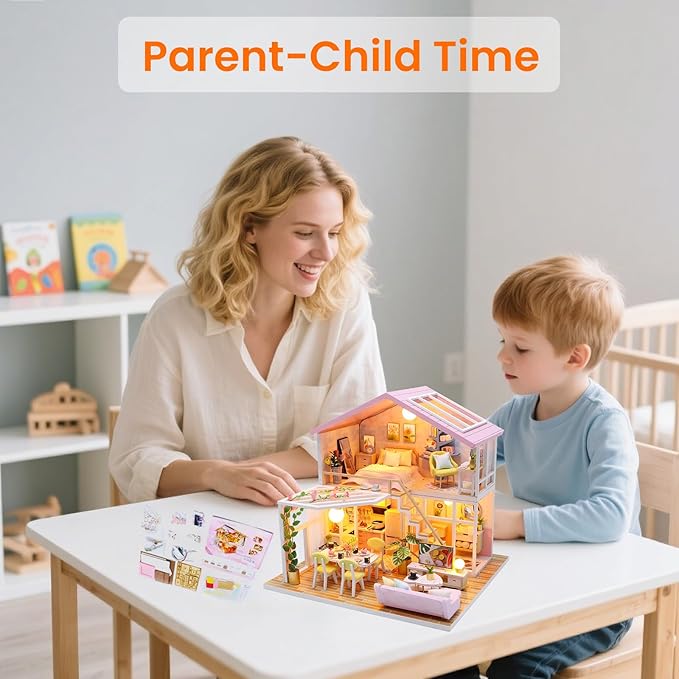 DIY Miniature Dollhouse Kit, AngKng Lovely Tiny House Kit with Furniture and LED Light, Wooden Mini House Making Kit for Adults & Children, Home Decor Creative Gift for Family/Friends-Pink