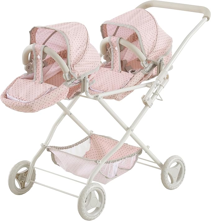 Olivia's Little World Twin Baby Doll Stroller, Double Bassinet Stroller Kids Baby Strollers for Dolls with Retractable Canopy & Storage for Kids Ages 3+, Pink/Gray