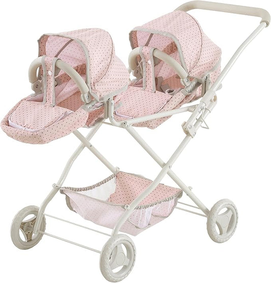 Olivia's Little World Twin Baby Doll Stroller, Double Bassinet Stroller Kids Baby Strollers for Dolls with Retractable Canopy & Storage for Kids Ages 3+, Pink/Gray