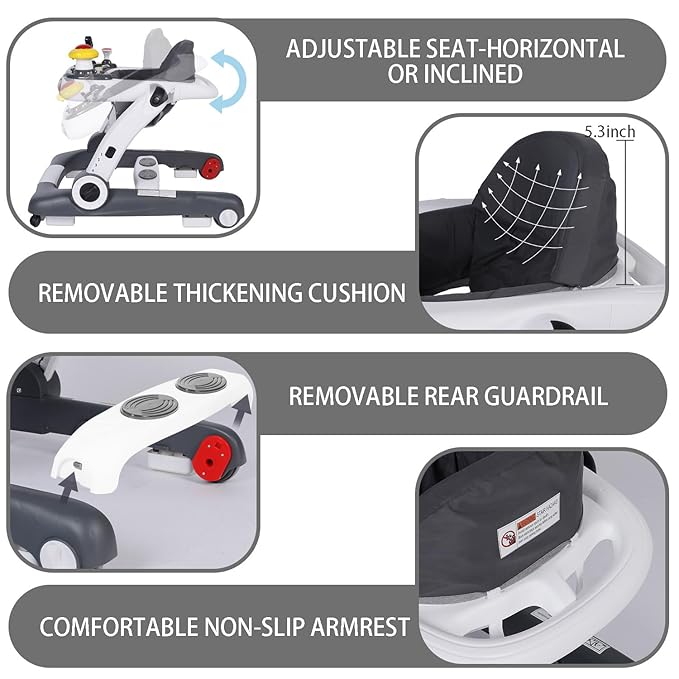 Kinder King Baby Walker with Music & Lights, 5 in 1 Baby Bouncer Activity Walker, Adjustable Height & Seat, Learning-Seated & Toddler Walk-Behind, Safety Bumper, Infant Walker Anti-Rollover, Grey