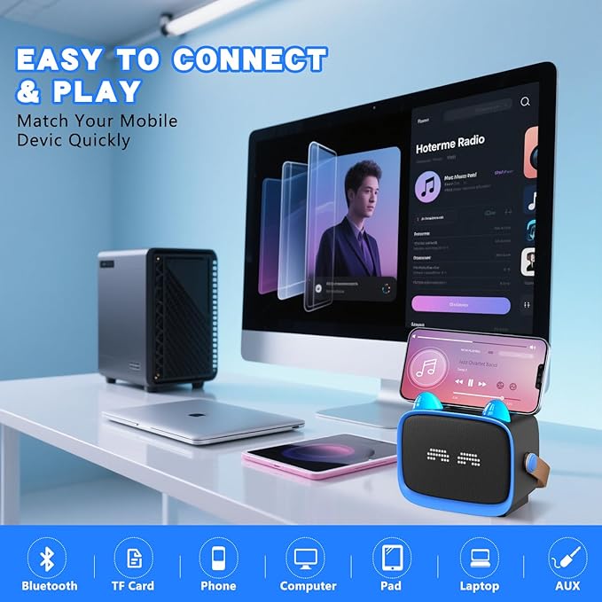 Mgaolo Upgraded Mini Karaoke Machine Toy for Kids, Portable Bluetooth Speaker with 2 Wireless Mics, Emoji & Colorful LED Lights, Home Travel & Party Play Gifts for Boys Girls (Blue)