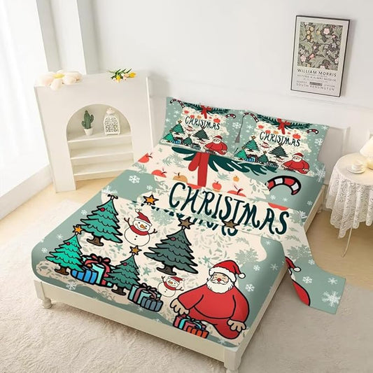 Green Christmas Fitted Sheet Set King Soft Bed Sheets Cartoon Christmas Pattern for Girls Kids Christmas Decoration Soft Christmas Bedding Set with 1 Flat Sheet +1 Fitted Sheet + 2 Pillowcases