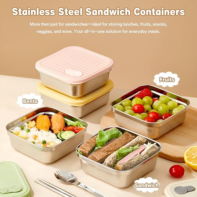 4 Pack Sandwich Containers, 20oz Stainless Steel Sandwich Box with Lids, Reusable Metal Meal Prep Lunch Boxes, BPA-Free, Dishwasher Safe, Food Storage Containers for Snacks & Fruits