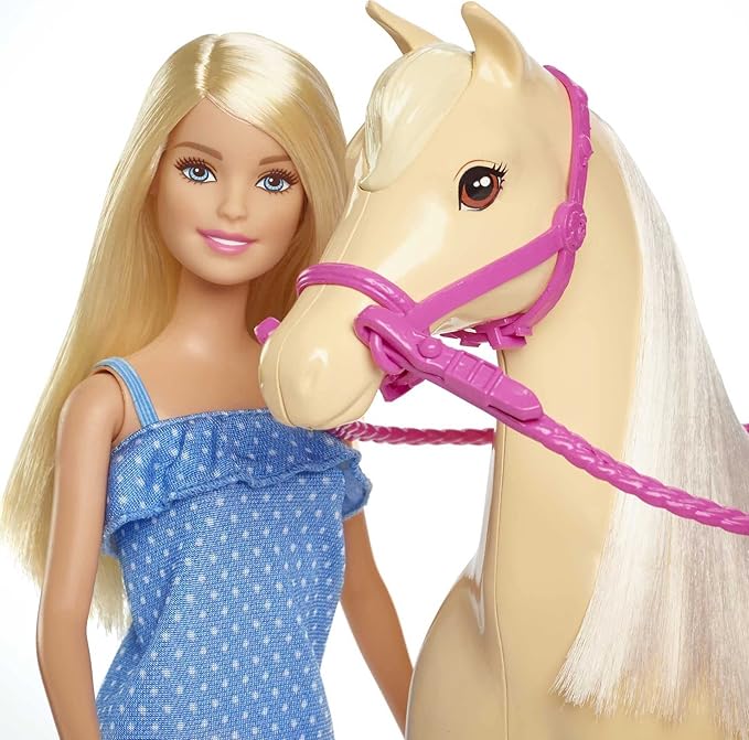 Barbie Playet with Blonde Fashion Doll in Riding Outfit & Light Brown Horse with Saddle, Bridle & Reins