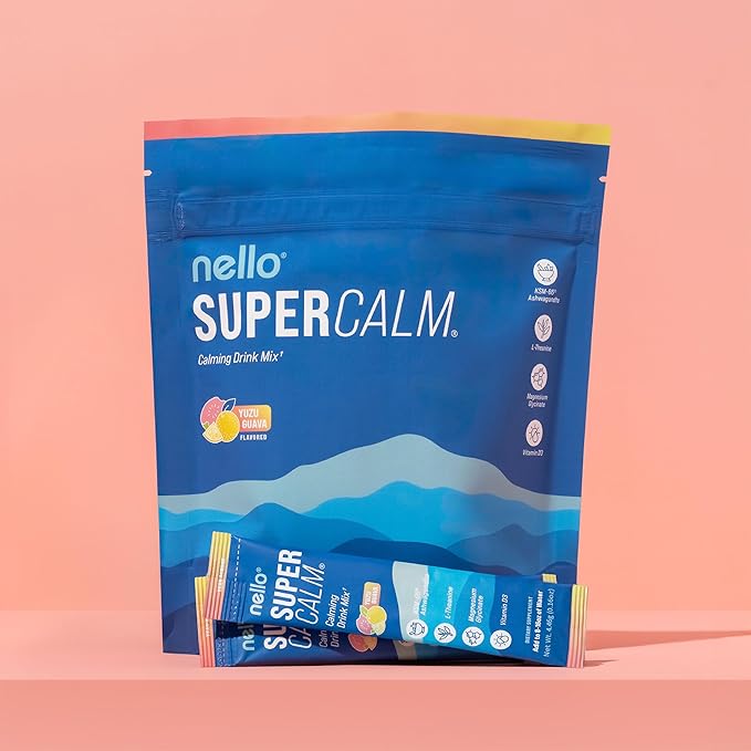 Nello Supercalm Drink Mix - Ashwagandha KSM 66, Magnesium Glycinate & L-Theanine Supplement, Vitamin D3 - Ashwagandha Root Extract - Focus and Relaxation Support (20 Travel Packets) - Yuzu Guava