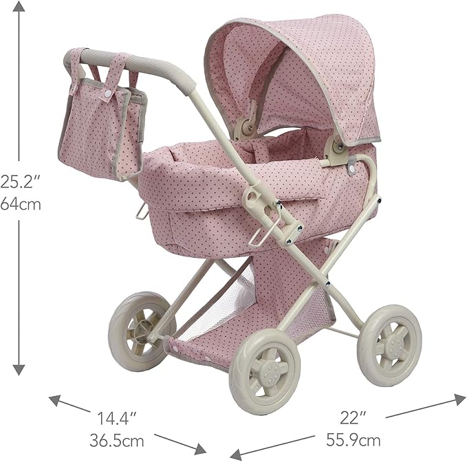 Olivia's Little World Buggy-Style Baby Doll Stroller with Retractable Canopy, Storage Underneath, Detachable Bassinet, Travel Nursery Bag, Comfortable to Push, Pink and Gray