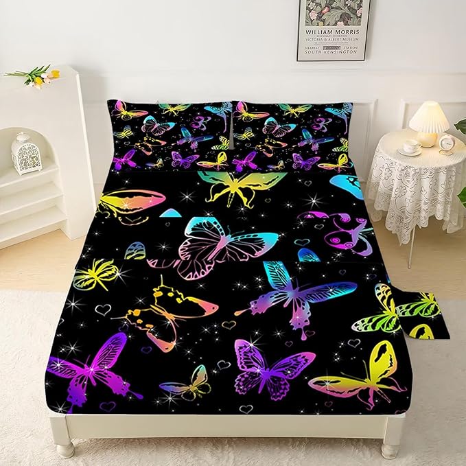 Kids Butterfly Sheets Set Queen for Girls Boys Room Decor Cute Microfiber Bed Sheets for Boys Girls Kids and Toddler, Bed in a Bag Packaged with 1 Fitted Sheet 1 Flat Sheet 2 Pillowcases