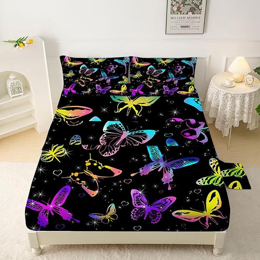 Colorful Butterfly Sheets Twin Size for Girls Boys Black Kids Cute Bedsheets Microfiber Deep Pocket Bed Sheet & Pillowcase Sets 3 Pieces