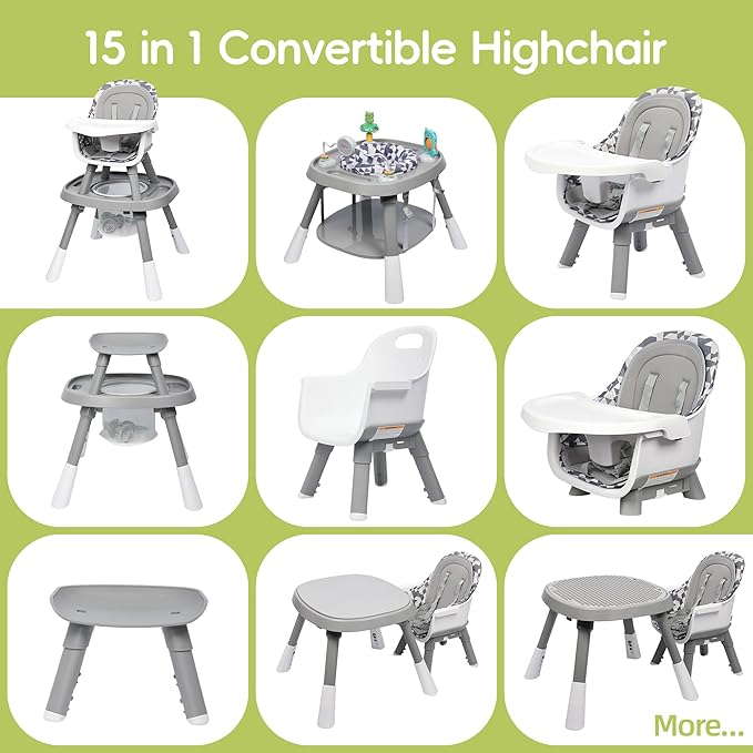15 in 1 Convertiable High Chair for Babies and Toddlers, 2 in 1 Highchair & Activity Center w/Toys, Booster Seat, Toddler Chair w/5-Point Harness & Removable Tray & 2-Layer Cusion (Grey)