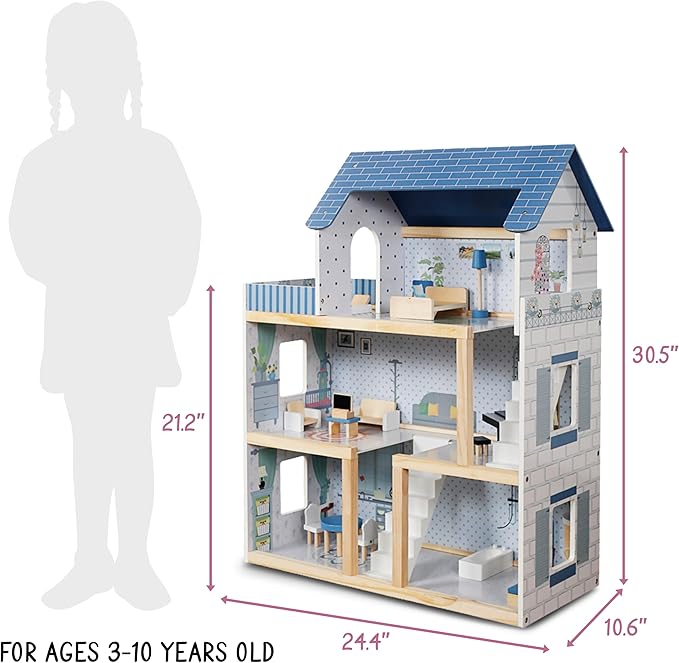 Lil' Jumbl Kids Wooden Dollhouse, 17-Piece Accessories & Furniture are Included, with Balcony & Stairs, 3 Story Easy to Assemble Doll House Toy - Blue
