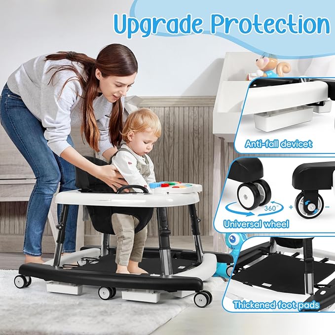 5-in-1 Music and Lights Baby Walker Foldable with 5 Adjustable Heights, Baby Walker with Wheels and Bouncer Combo Portable, Infant Toddler Walker for Baby Boy Girls 6-18 Months