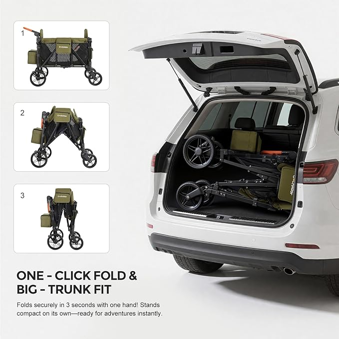 Elite 4-Seater Wagon Stroller for 2-4 Kids, One-Hand Fold, High Seats with 5 Point Harness, Adjustable Handle & Canopy, Green