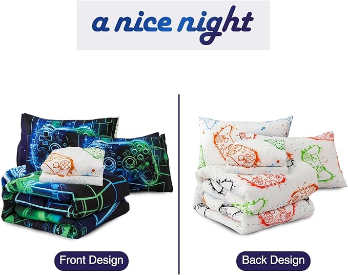 A Nice Night 5Pcs Gaming Comforter Set,Blue Green 3D Game Contoller Themed Keyboard Printing Bedding Sets for Kids Teen Boys, Reversible Comforter for All Seasons,Twin