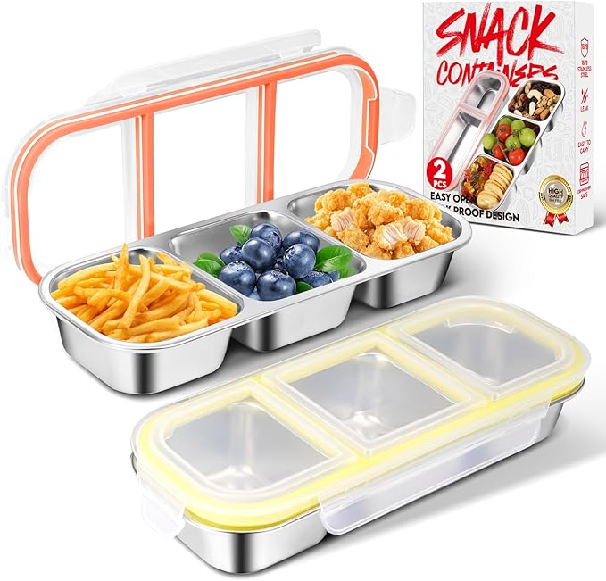 2 Pack Stainless Steel Snack Containers with Lids - Reusable 3 Compartment Snackle Box Container Divide Wet Dry Leakproof Metal Food Storage Containers for School, Home, Travel (Yellow + Orange)