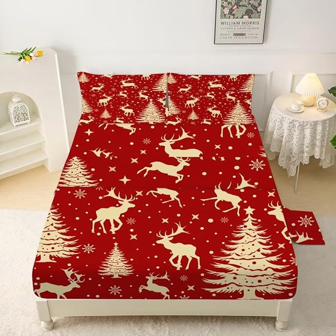 Red Kids Christmas Elk Sheets Set Full Cute Reindeer Christmas Sheets for Kids Adults Microfiber Christmas New Year Decoration Bedding Set Teens Girls Women Bedroom Bed Bedspread