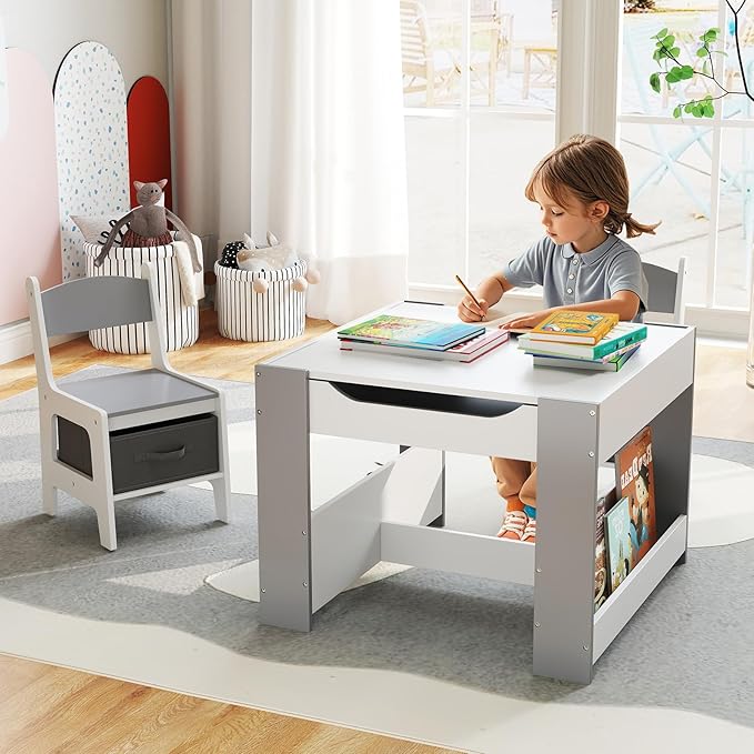 Costzon Kids Table and Chairs, 4 in 1 Wooden Activity Desk Set w/Reversible Tabletop, Bookshelves & Storage Drawers for Drawing, Reading, Crafts, Playing, Toddler Table and Chair Set (Gray)