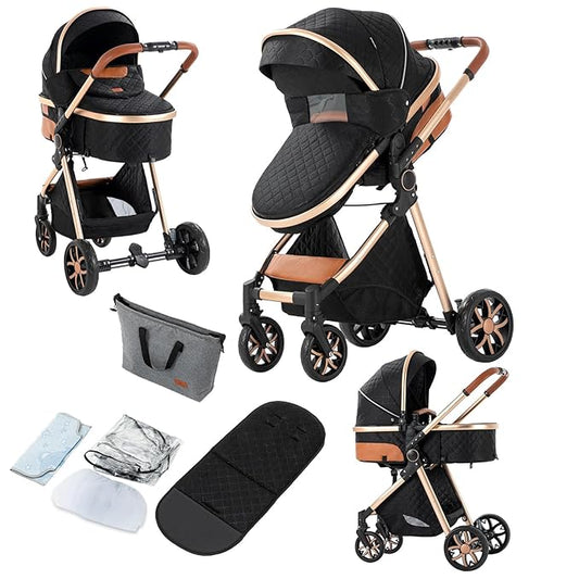 2 in 1 Baby Stroller, Convertible Pram, Reversible Standard Stroller, Portable Baby Buggy, Infant Carriage, Foldable High Landscape Pushchair for Toddler Newborn (225 Black Gold)
