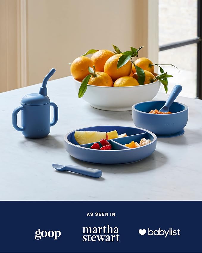 Lalo First Bites Silicone Baby Feeding Set - Baby Led Weaning Supplies - Non-Toxic Silicone - Includes 1 Bib, 2 Spoons, Training Cup, Suction Plate and Bowl - 6 Pieces - Blueberry