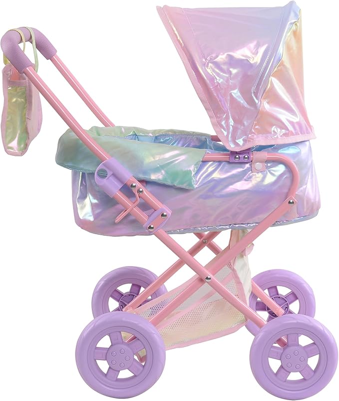 Olivia's Little World Baby Doll Stroller, 2-in-1 Doll Pram Buggy for Girls Age 3+, Fits up to 18” Dolls, Baby Stroller for Dolls, Stroller Toy for Kids, Iridescent