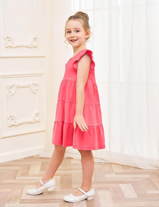 Bumeex Girl's Dresses Cotton Ruffle Sleeve Tiered Swing A-Line Cute Midi Casual Sundress