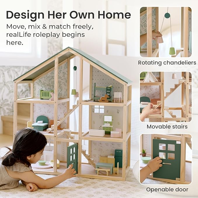 Tiny Land Wooden Dollhouse for Girls - 6 Rooms Wooden Doll House, DIY Pretend Doll House with 31Pcs Furniture Accessories, Creative Gift for Girl Ages 3+, Green
