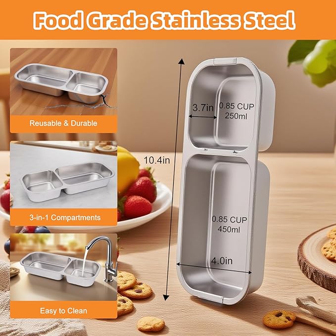 Stainless Steel Snack Containers with Lids, Reusable Condiment Storage Box, Divided Food Storage for School, Home, Travel, Multiple Compartment Leak-Proof Box (‎2 Compartment)