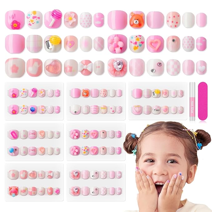 SAVILAND 3D Press on Nails for Kids: 7 Pack Kids Press on Nails for 5-9 Years Pre Glue Full Cover Short Kids Fake Nails Stick On Children Artificial False Nail Tips Fingernails Christmas Gifts for Kid