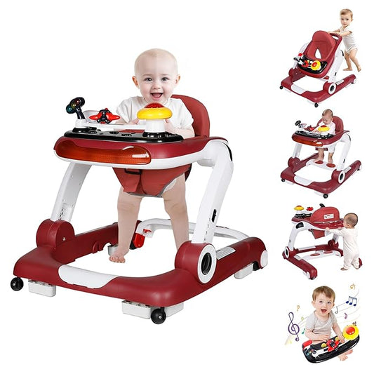 Kinder King Baby Walker with Music & Lights, 5 in 1 Baby Bouncer Activity Walker, Adjustable Height & Seat, Learning-Seated & Toddler Walk-Behind, Safety Bumper, Infant Walker Anti-Rollover, Red