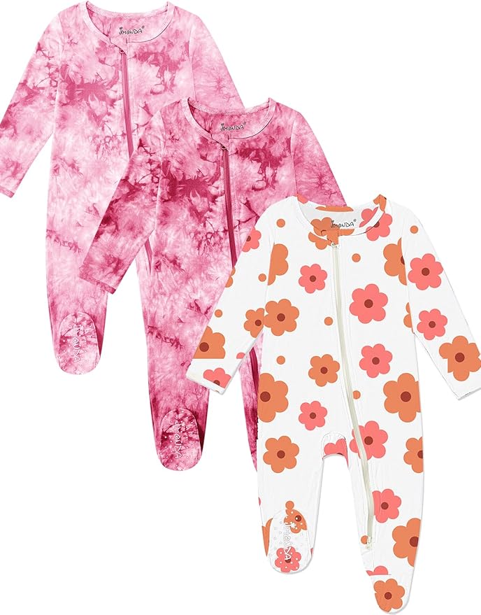 Jimonda Baby Girls Boys Footed Pajamas,Rayon From Bamboo,2 Way Zipper Long Sleeve Soft Sleeper Pjs,Infant Tie-dye Romper