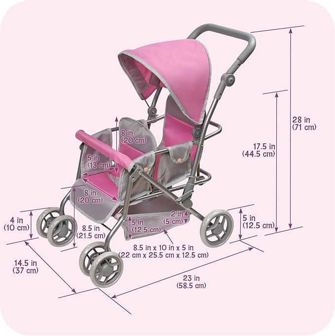 Badger Basket Double Doll Stroller - Pram for Baby Doll with Adjustable Seats & Storage Basket - Fits Doll Up to 20 Inches - Best for Toddler and Kid Pretend Play Ages 3 and Up - Pink/Grey