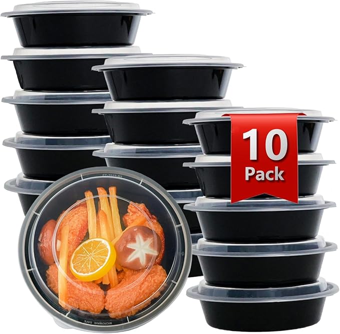 Meal Prep Containers Reusable 10 Pack-23 oz Food Storage Containers with Lids To Go Food Containers Takeout, Microwave Dishwasher Freezer Safe, Stackable, BPA Free, Plastic (Black)