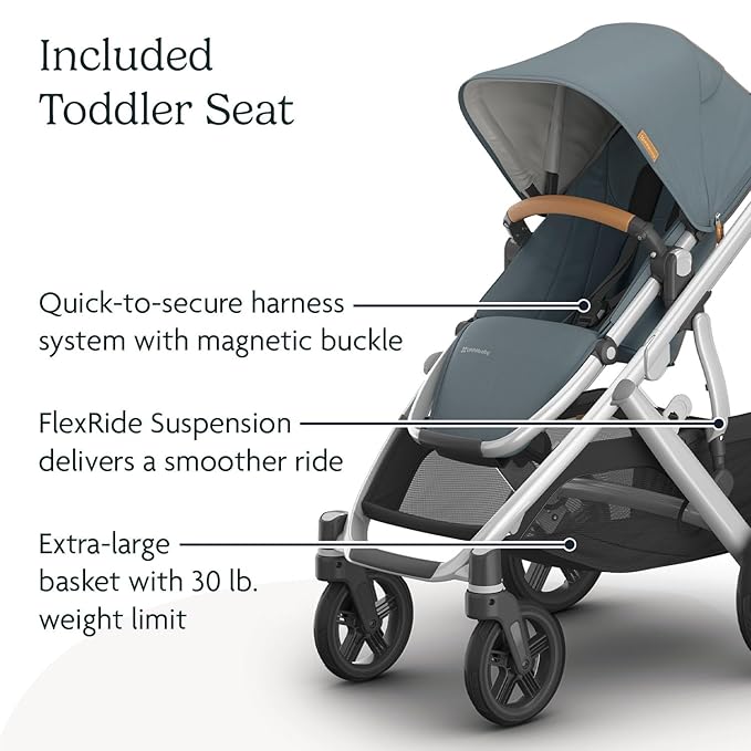 UPPAbaby Vista V3 Stroller - Full-Size Single-to-Double Stroller System - Toddler Seat, Bug Shield, Rain Shield, and Storage Bag Included - Callum (Stone Blue/Silver Frame/Sand Leather)