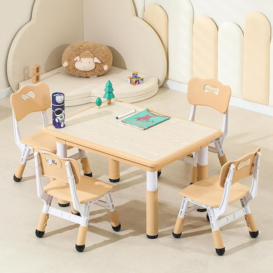 Kids Table and Chairs, Height-Adjustable Toddler Table and Chair Set with 31.5''Lx23.6''W Graffiti Desktop, Table Chair for Ages 3-8, Childrens Table and Chair Set for Daycare with 4 Chairs, Brown