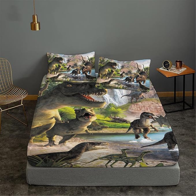 Dinosaurs Bed Sheets Set Full for Boys 3D Realistic Dinosaur Green Fitted Sheets Set Ancient Dinosaur Theme Kids/Adults/Teens Bedroom Bedding Sheet Set,Full Size(3pc)