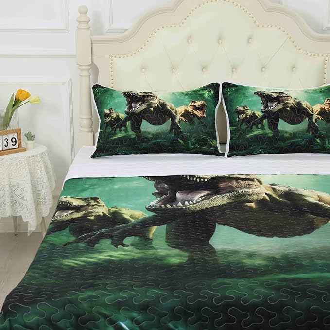 Green Dinosaur Quilt Set Full/Queen Size for Kids, Breathable 3D Dinosaur Printing Bedding Set, Lightweight Boys Dino Bedspread Set with 1 Quilt and 2 Pillowcases